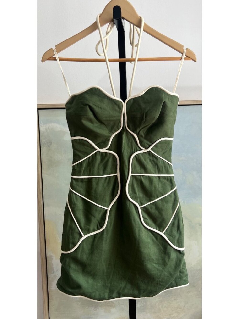 Anthropologie Farm Rio Linen Blend Wavy Mini Dress Size XS Tropical Green - Picture 3 of 6